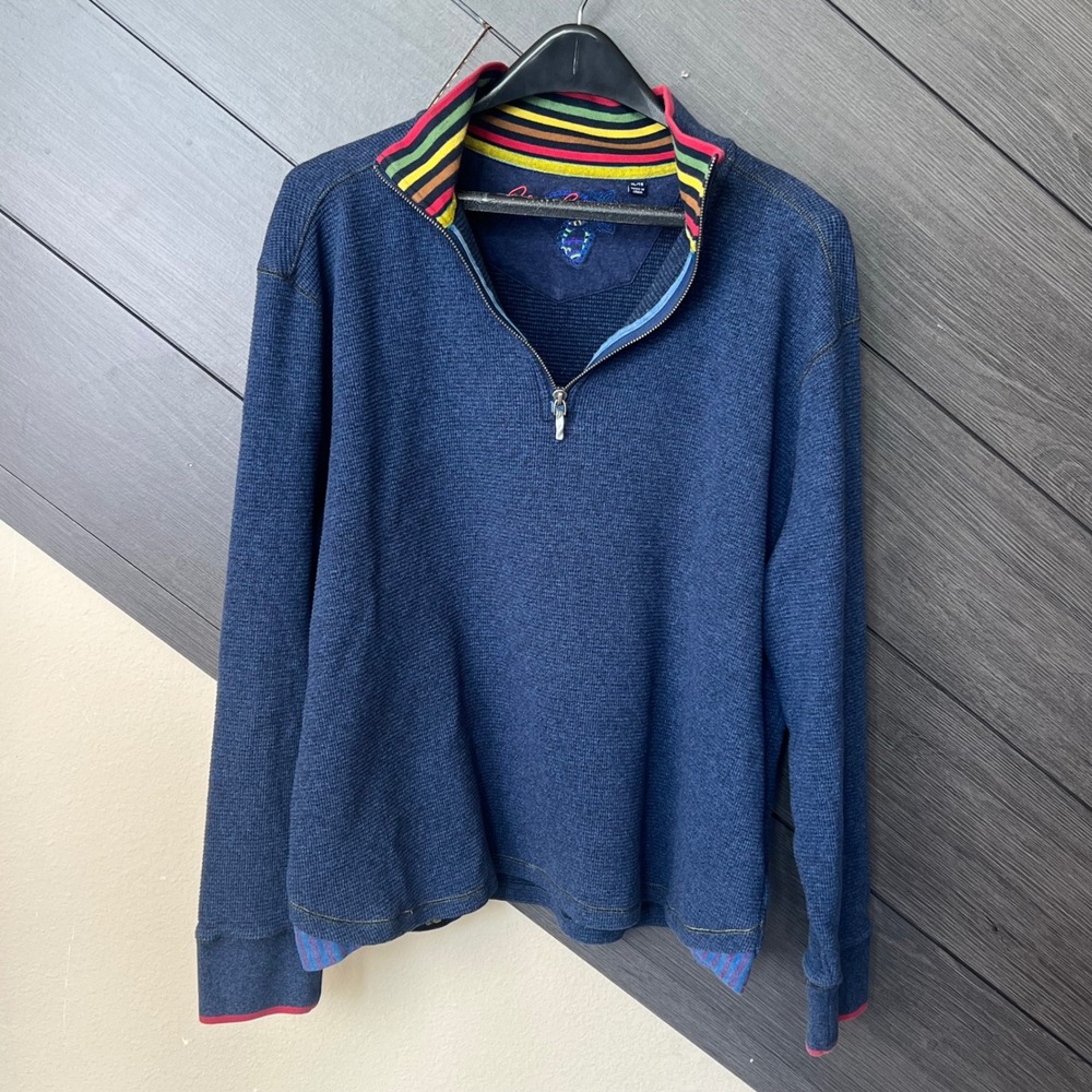 Robert Graham Men's 1/4 Zip Sweater XL Blue Striped‎ Collar Pullover Preppy